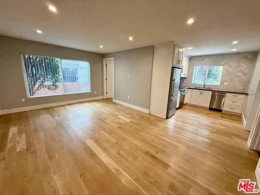 Empty room, Interior, Kitchen, Recessed Lighting, Wood Texture Flooring
