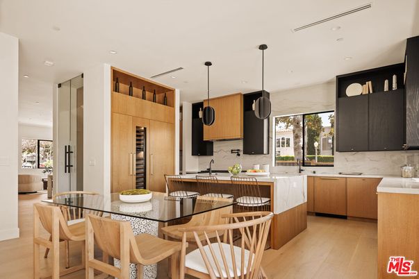 Dining room, Interior, Kitchen, Marble Walls, Pendant Lights, Recessed Lighting, Wood Texture Flooring