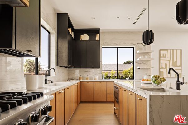 Interior, Kitchen, Marble Walls, Pendant Lights, Recessed Lighting, Wood Texture Flooring