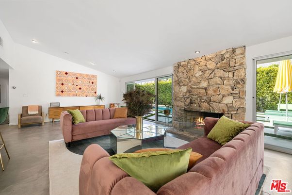 Fireplace, Interior, Living room, Recessed Lighting, Stone Walls