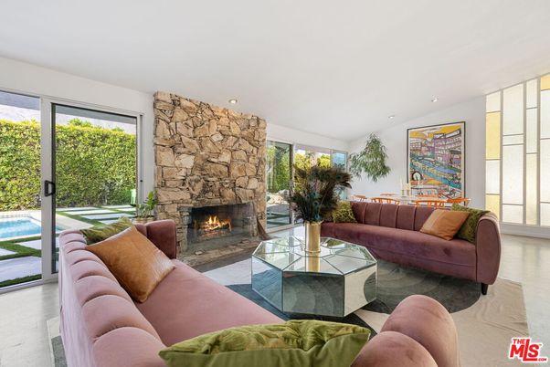 Fireplace, Interior, Living room, Recessed Lighting, Stone Walls