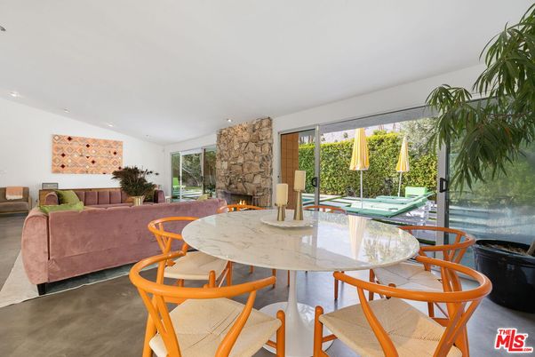 Dining room, Fireplace, Interior, Living room, Recessed Lighting, Stone Walls