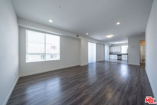Empty room, Interior, Kitchen, Recessed Lighting, Wood Texture Flooring
