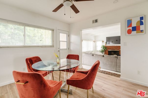 Dining room, Fireplace, Interior, Wood Texture Flooring