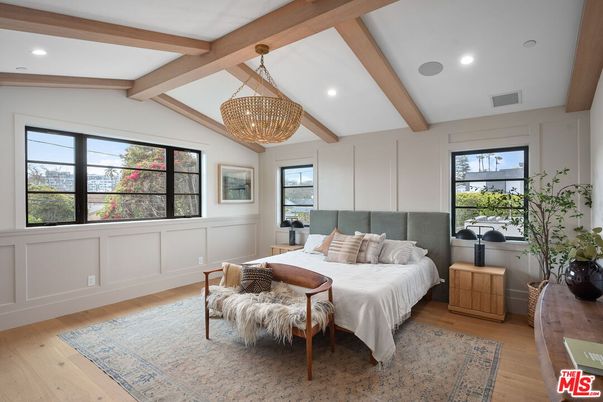 Bedroom, Chandelier, Interior, Recessed Lighting, Wooden Beams, Wood Texture Flooring
