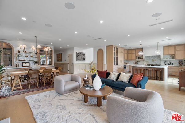 Dining room, Interior, Kitchen, Living room, Pendant Lights, Recessed Lighting, Stainless Steel Appliances, Stone Walls, Wood Texture Flooring