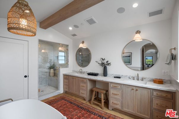 Bathroom, Dual Sink Vanities, Glass Shower, Interior, Recessed Lighting, Wooden Beams
