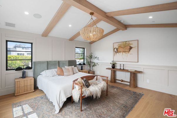 Bedroom, Chandelier, Interior, Recessed Lighting, Wooden Beams, Wood Texture Flooring
