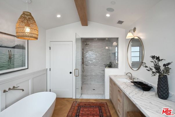 Bathroom, Dual Sink Vanities, Free Standing Baths, Glass Shower, Interior, Recessed Lighting, Wooden Beams, Wood Texture Flooring
