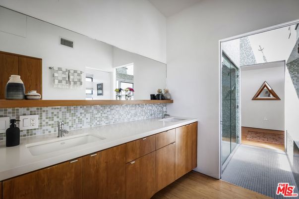 Bathroom, Dual Sink Vanities, Glass Shower, Interior, Wood Texture Flooring