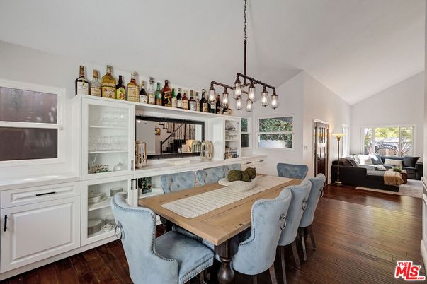 Dining room, Interior, Living room, Pendant Lights, Wood Texture Flooring