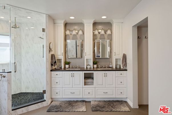 Bathroom, Dual Sink Vanities, Glass Shower, Interior, Marble Walls, Recessed Lighting