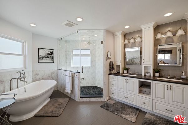 Bathroom, Dual Sink Vanities, Free Standing Baths, Glass Shower, Interior, Marble Walls, Recessed Lighting