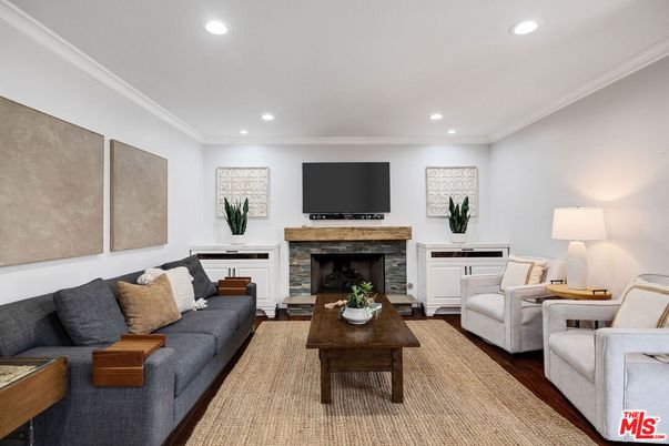 Fireplace, Interior, Living room, Recessed Lighting, Wood Texture Flooring