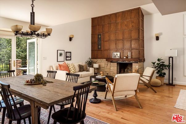 Dining room, Fireplace, Interior, Living room, Wood Texture Flooring