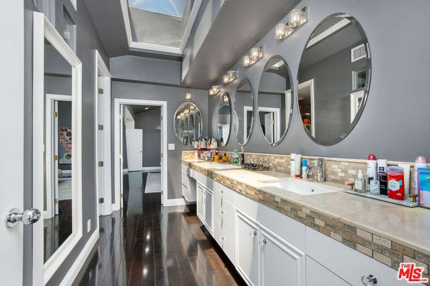 Bathroom, Dual Sink Vanities, Interior, Tile Countertops, Wood Texture Flooring