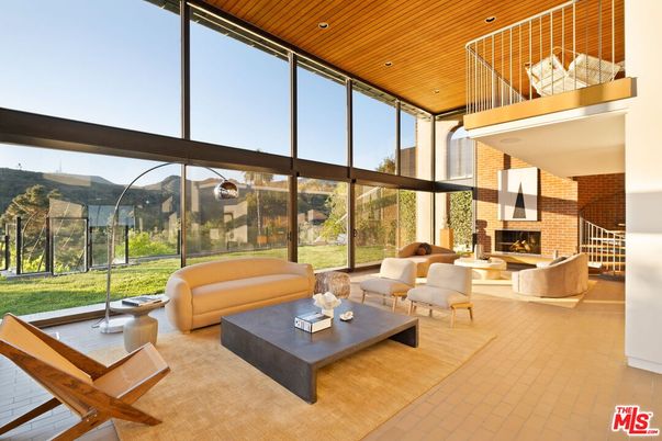Fireplace, Interior, Living room, Recessed Lighting, Stone Walls, Wooden Ceilings