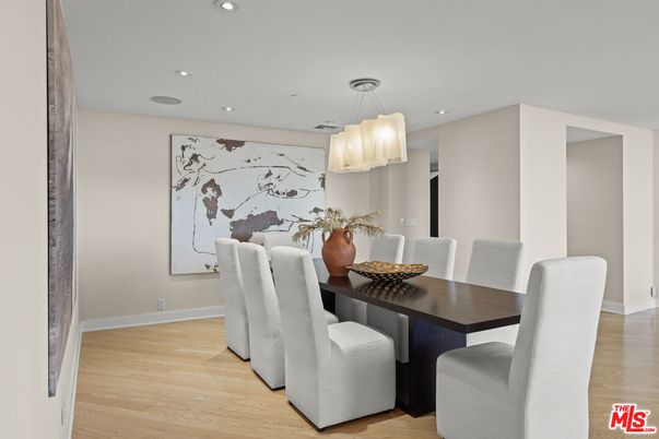 Dining room, Interior, Pendant Lights, Recessed Lighting, Wood Texture Flooring