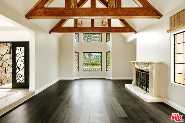 Empty room, Fireplace, Interior, Wooden Beams, Wood Texture Flooring