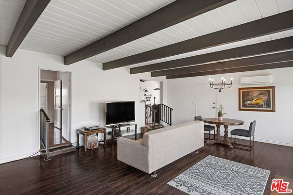 Chandelier, Dining room, Interior, Living room, Wooden Beams, Wood Texture Flooring