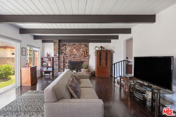 Fireplace, Interior, Living room, Stone Walls, Wooden Beams, Wood Texture Flooring