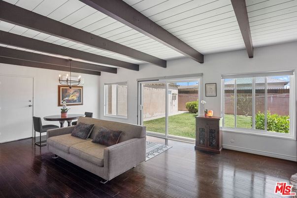 Dining room, Interior, Pendant Lights, Wooden Beams, Wood Texture Flooring