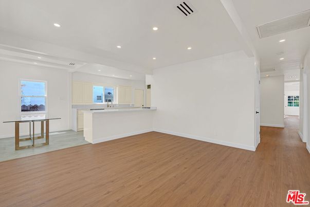 Empty room, Interior, Kitchen, Recessed Lighting, Wood Texture Flooring