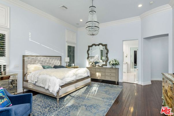 Bedroom, Chandelier, Interior, Recessed Lighting, Wood Texture Flooring