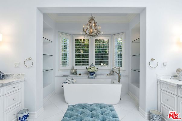 Bathroom, Chandelier, Free Standing Baths, Interior, Marble, Recessed Lighting