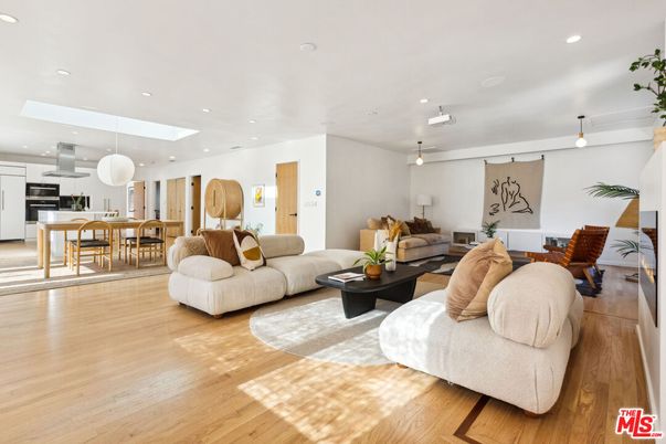 Dining room, Interior, Kitchen, Living room, Pendant Lights, Recessed Lighting, Stainless Steel Appliances, Wood Texture Flooring