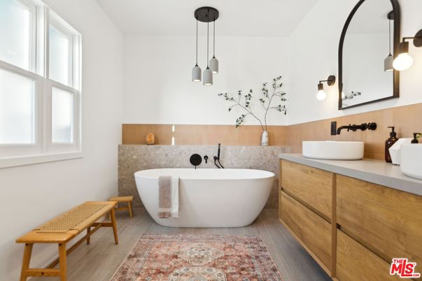 Bathroom, Dual Sink Vanities, Free Standing Baths, Interior, Pendant Lights, Wood Texture Flooring