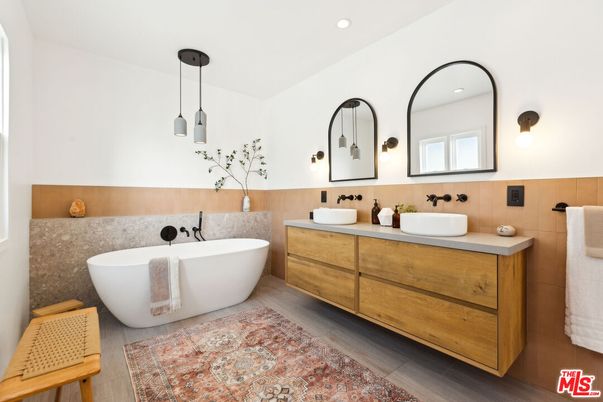 Bathroom, Dual Sink Vanities, Free Standing Baths, Interior, Pendant Lights, Recessed Lighting, Wood Texture Flooring