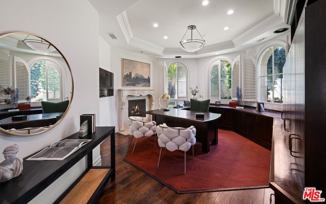 Fireplace, Home Office, Interior, Pendant Lights, Recessed Lighting, Wood Texture Flooring