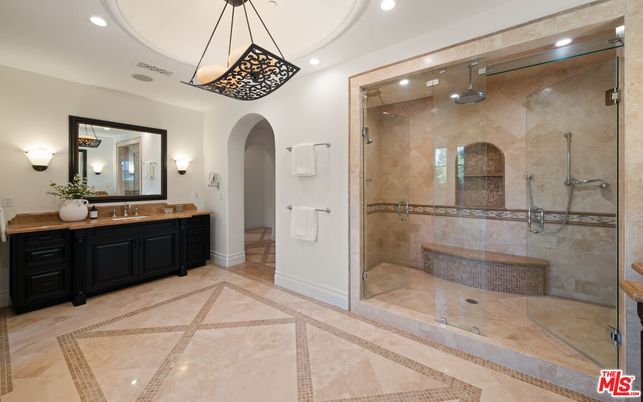 Bathroom, Dual Sink Vanities, Glass Shower, Interior, Pendant Lights, Recessed Lighting