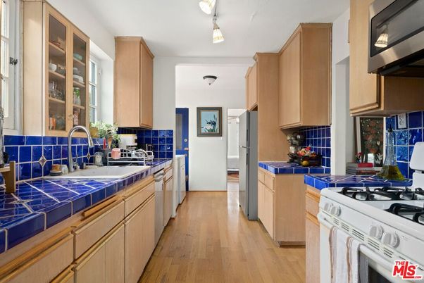 Interior, Kitchen, Tile Countertops, Wood Texture Flooring