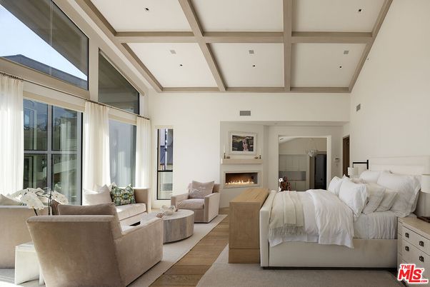 Bedroom, Fireplace, Interior, Living room, Recessed Lighting, Wooden Beams, Wood Texture Flooring