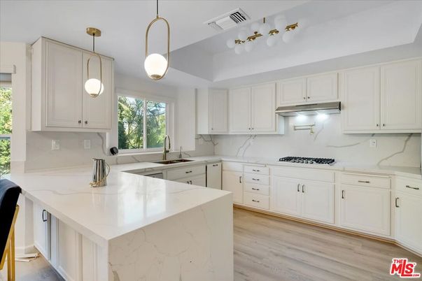 Interior, Kitchen, Marble Walls, Pendant Lights, Wood Texture Flooring