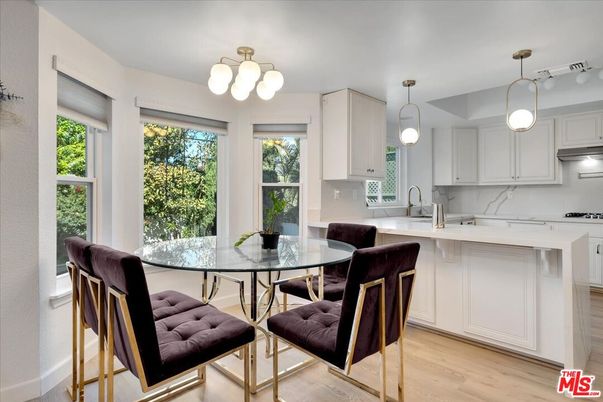 Dining room, Interior, Kitchen, Pendant Lights, Stainless Steel Appliances, Wood Texture Flooring