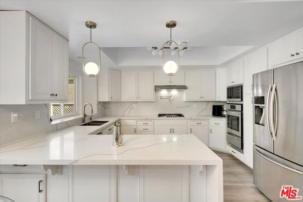 Interior, Kitchen, Pendant Lights, Stainless Steel Appliances, Wood Texture Flooring