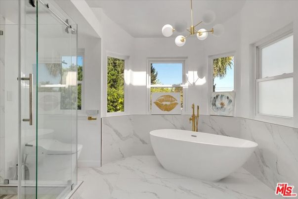 Bathroom, Free Standing Baths, Glass Shower, Interior, Marble, Marble Walls, Pendant Lights