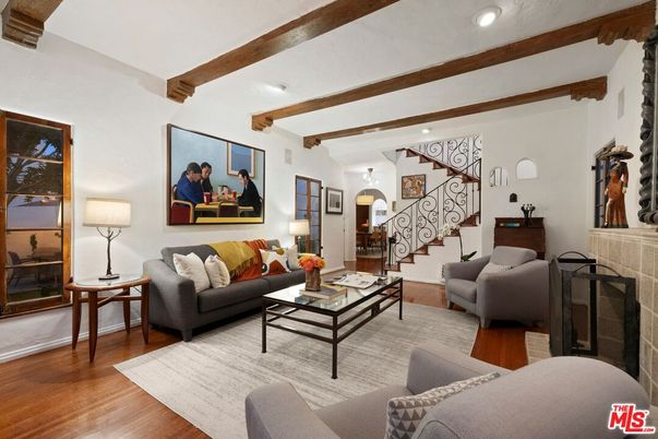Fireplace, Interior, Living room, Recessed Lighting, Wooden Beams, Wood Texture Flooring