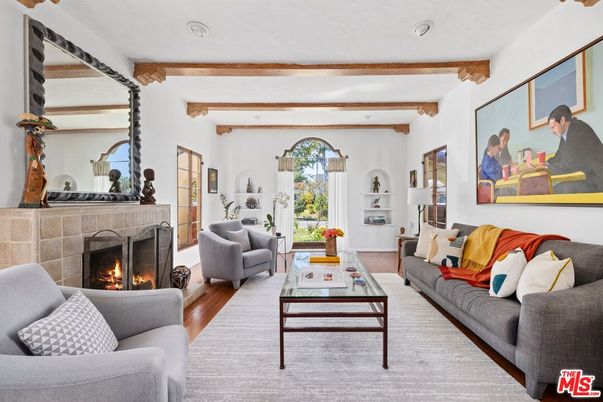 Fireplace, Interior, Living room, Recessed Lighting, Wooden Beams, Wood Texture Flooring