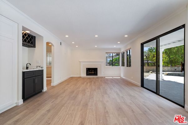 Empty room, Fireplace, Interior, Recessed Lighting, Wood Texture Flooring