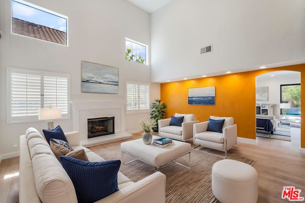 Fireplace, Interior, Living room, Recessed Lighting, Wood Texture Flooring