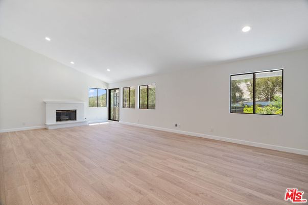 Empty room, Fireplace, Interior, Recessed Lighting, Wood Texture Flooring