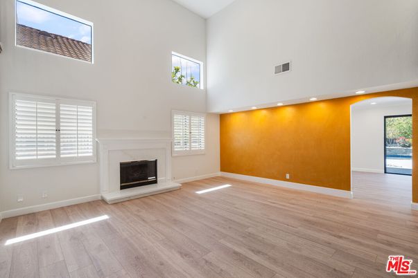 Empty room, Fireplace, Interior, Recessed Lighting, Wood Texture Flooring