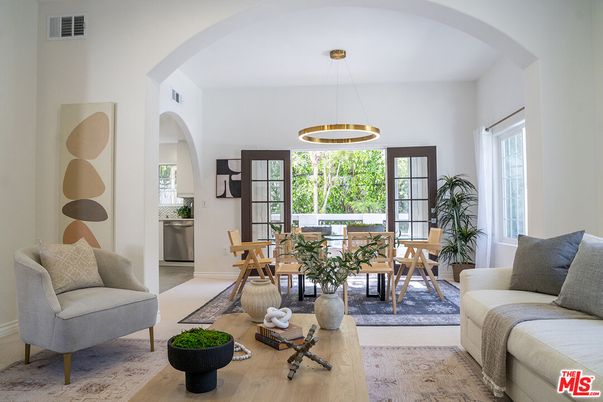 Dining room, Interior, Living room, Pendant Lights, Wood Texture Flooring
