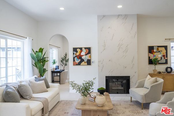 Fireplace, Interior, Living room, Marble Walls, Recessed Lighting