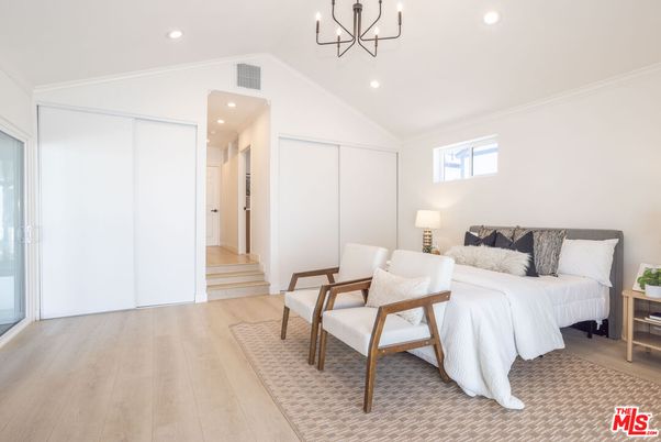 Bedroom, Chandelier, Interior, Recessed Lighting, Wood Texture Flooring