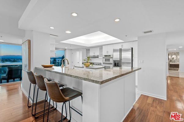 Interior, Kitchen, Recessed Lighting, Stainless Steel Appliances, Water, Wood Texture Flooring